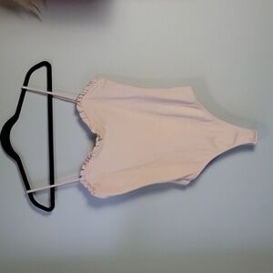 Privacy please ribbed cream ruffle trim bodysuit